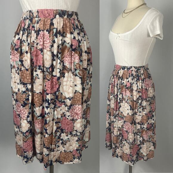 Vintage Midi Skirt Size 8 Pink Cream Floral Print Pleated A Line Cottagecore 90s - Picture 11 of 11